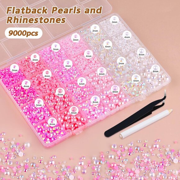 9000PCS Flatback Pearls and Rhinestones for Bedazzling, Pink White Mixed Size 3- - Picture 3 of 7